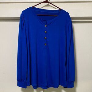 Lomon long sleeve, royal blue henley style tunic w/4 button front, size XL